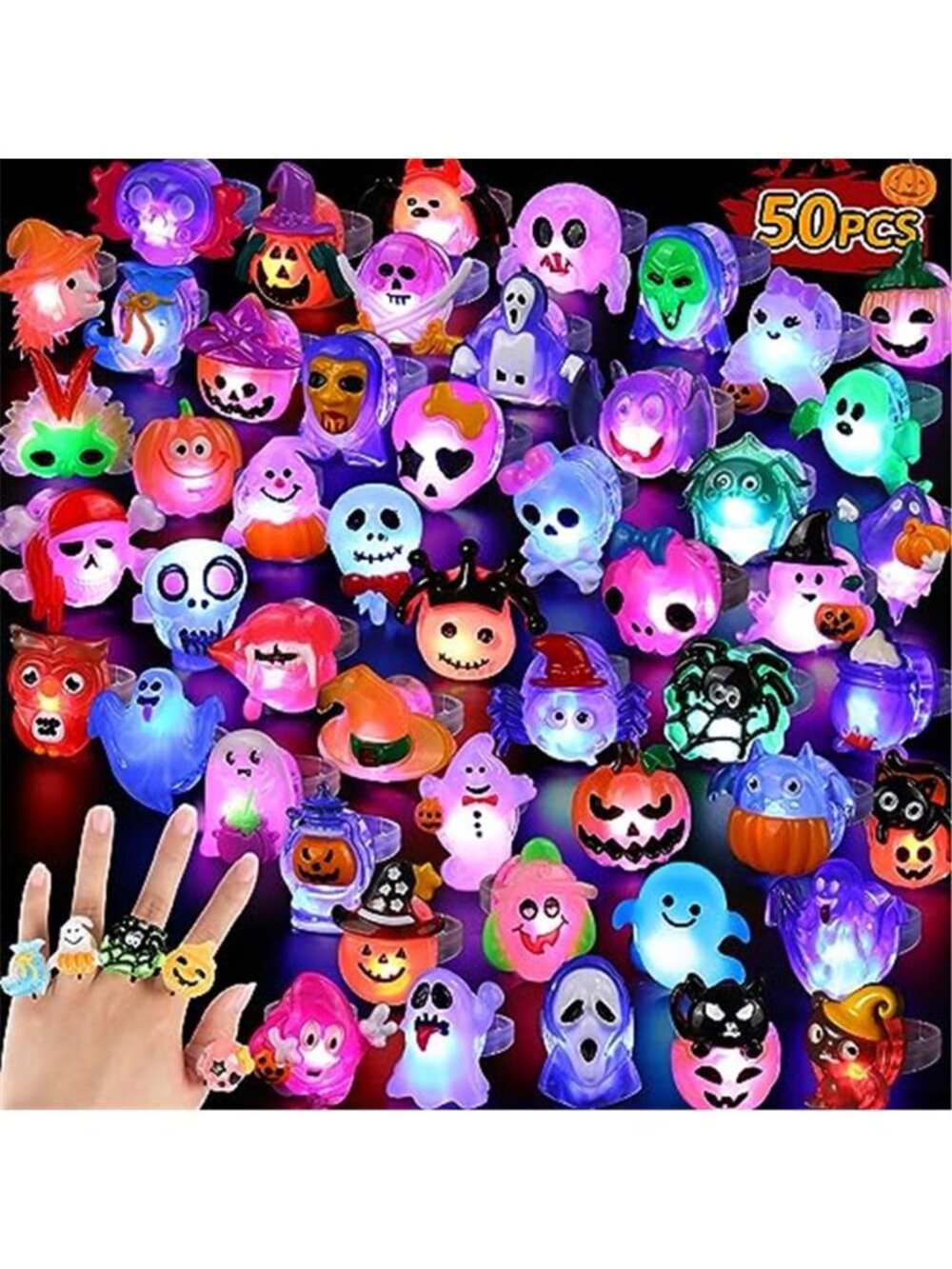 50pcs 3D Halloween Treats Toys Light Up Rings Gifts Halloween Party Favors
